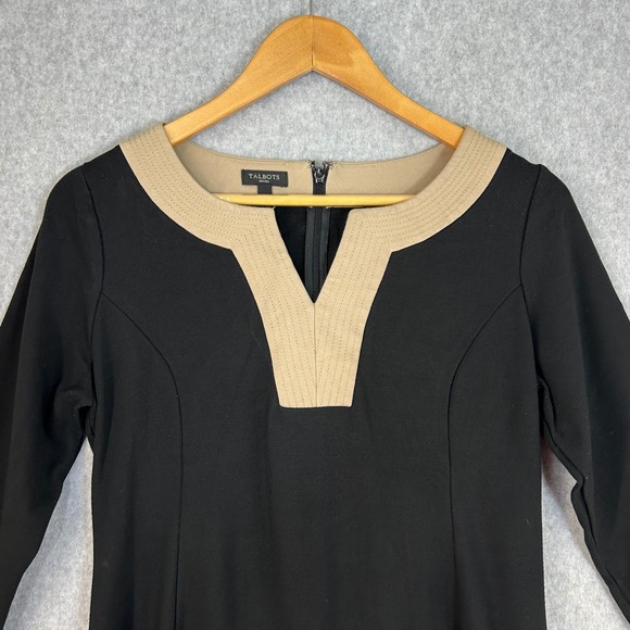 Talbots Black Tan V‎ Neck Dress 3/4 Sleeve Ponte Sheath Career Size 6 Petite 6P - Picture 2 of 11